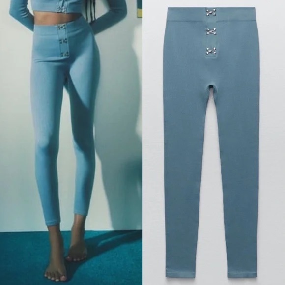 Zara Pants - Zara SEAMLESS HIGH WAIST LEGGINGS WITH HOOK-AND-EYE FASTENINGS BLUE XS/S NEW